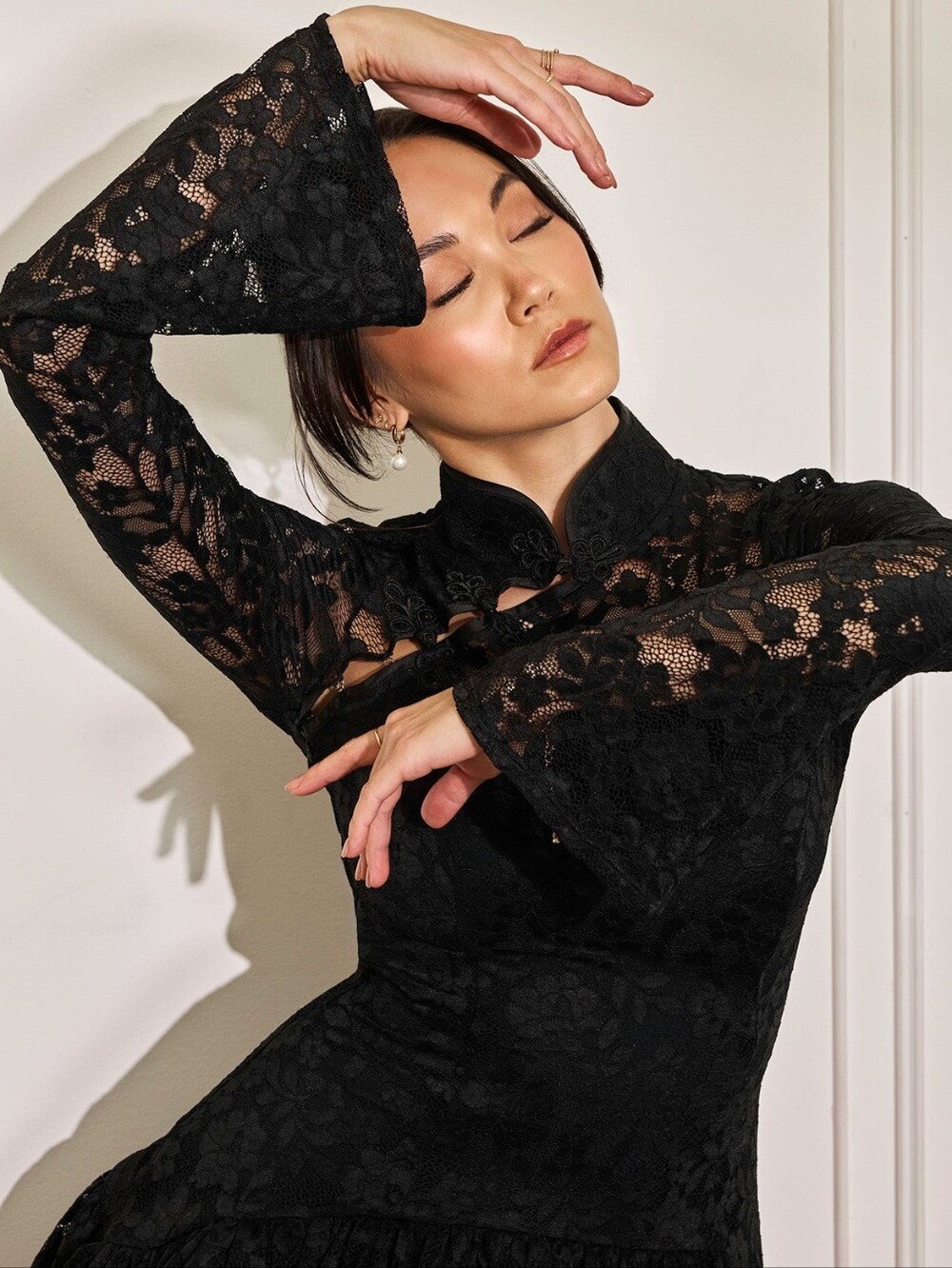 New Popflex Mandarin Collar Festival Dress Black Lace Pirouette M Medium - Picture 5 of 8